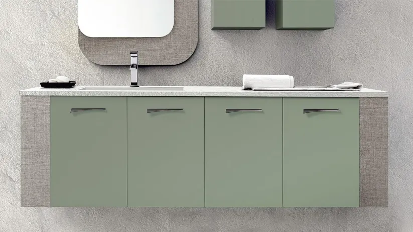 Mobile da Bagno sospeso in laccato opaco Verde Laguna con top in Ardesia ghiaia Spot 03 01 di Lavalle