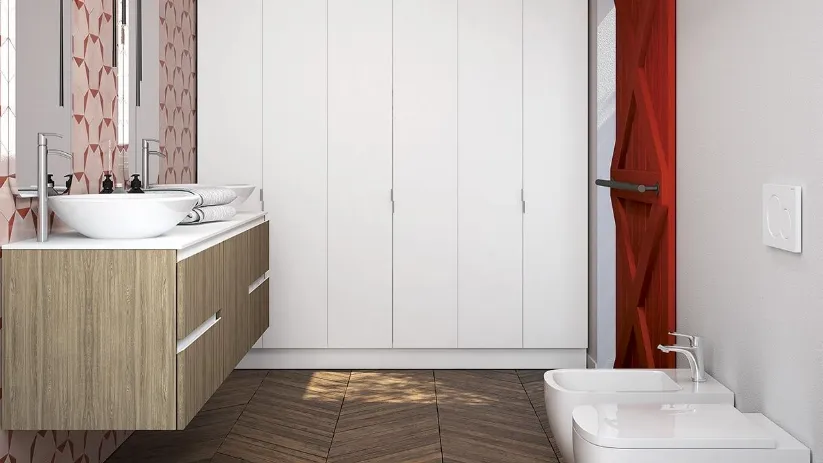 Mobile da Bagno sospeso Unispazio 03 03 in nobilitato Olmo Urbano con piano in Tecnoril e lavabo in mineralmarmo di Lavalle