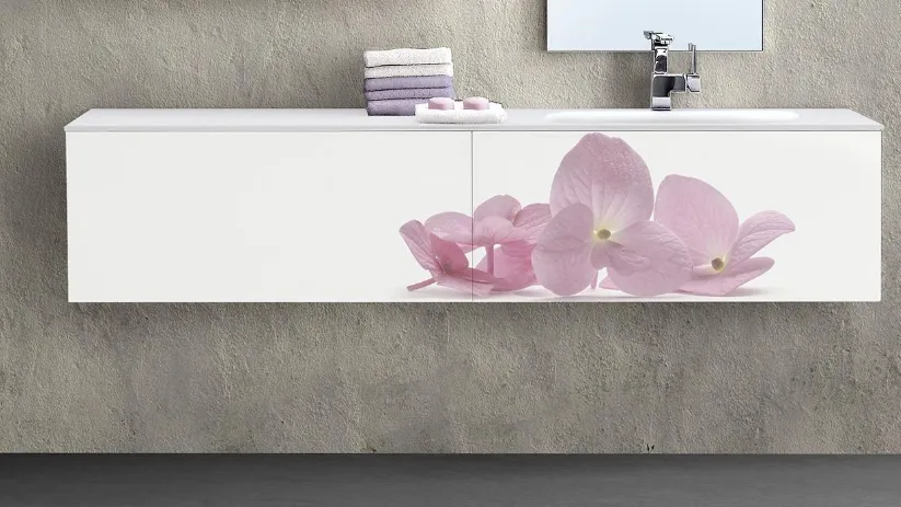 Mobile da Bagno sospeso Graffiti 05 04 in laccato Bianco lucido con stampa serigrafica floreale Orchidea di Lavalle