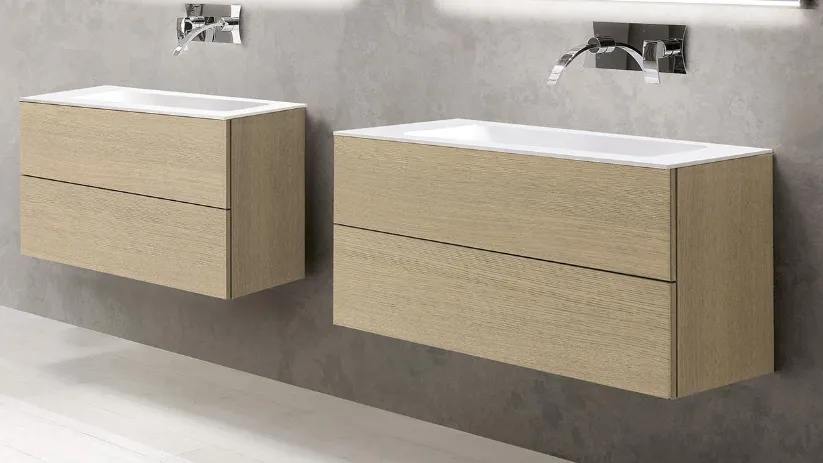 Mobile da Bagno sospeso Goccie 07 03 in Rovere spazzolato tinta Sabbia con top in Tecnoril Bianco con vasca integrata di Lavalle