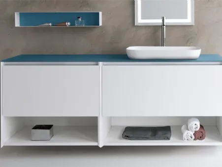 Mobile da Bagno sospeso in Fenix Bianco con top in Cristallo Blu Oceano Spa 02 05 di Lavalle