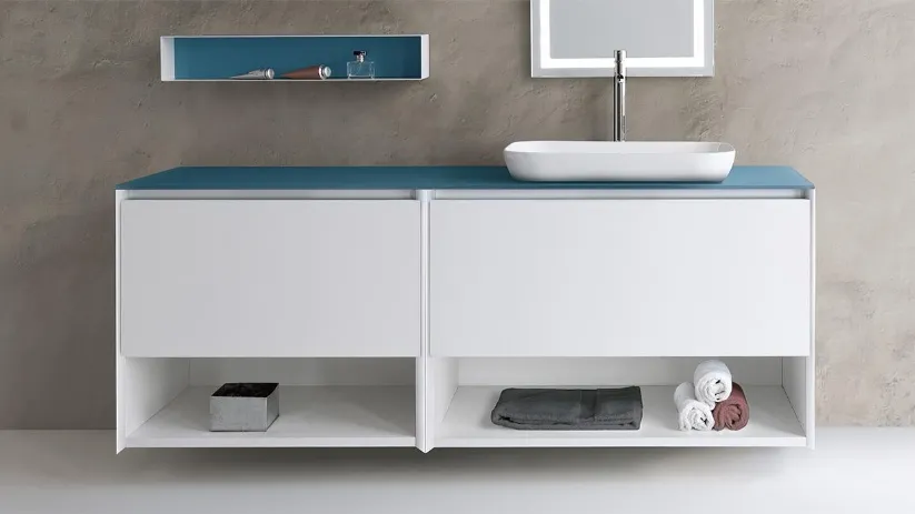 Mobile da Bagno sospeso in Fenix Bianco con top in Cristallo Blu Oceano Spa 02 05 di Lavalle