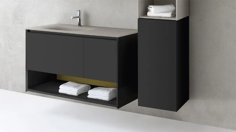 Mobile da Bagno sospeso in Fenix Nero e top in cristallo extralight Sabbia Spa 02 07 di Lavalle