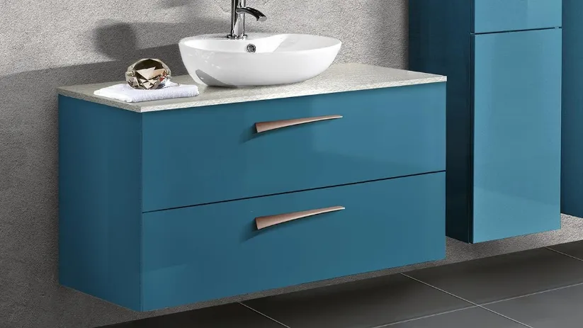 Mobile da Bagno sospeso in laccato lucido Blu Oceano e top in ardesia Perla Spot 03 03 di Lavalle