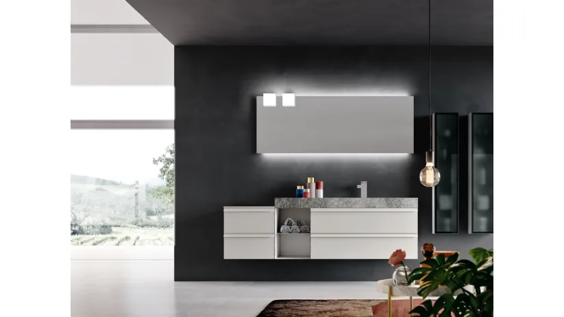 Mobile da Bagno sospeso in laccato Bianco opaco con top in HPL effetto Pietra Start Line 08 di Ardeco