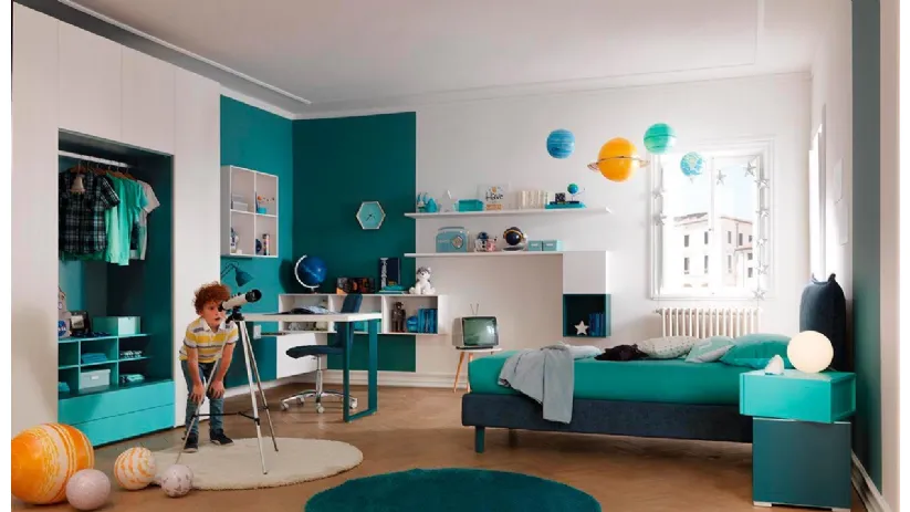 Cameretta per bambini in laccato e melaminico con letto a terra KC312 di Moretti Compact
