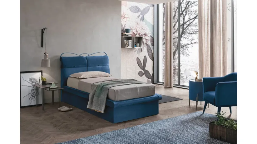 Letto singolo con testiera in tessuto imbottito e contenitore Corfù Plus di Target Point