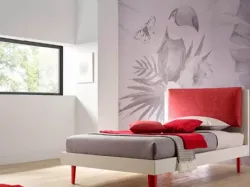 Letto singolo in nobilitato Quarzo con testiera Plane Pillow parzialmente rivestita in tessuto imbottito SC120 di Moretti Compact