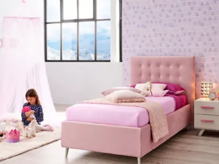 Letto singolo in velluto color rosa con imbottitura in capitonnè SC201 di Moretti Compact