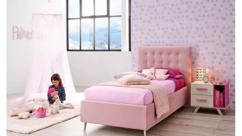 Letto singolo in velluto color rosa con imbottitura in capitonnè SC201 di Moretti Compact