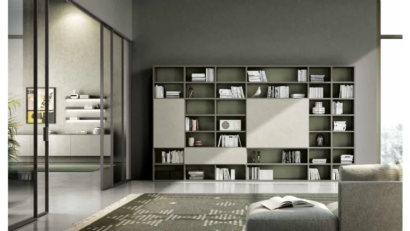 Libreria a muro Living 831 in laccato opaco e fimitura materica di Spagnol Mobili