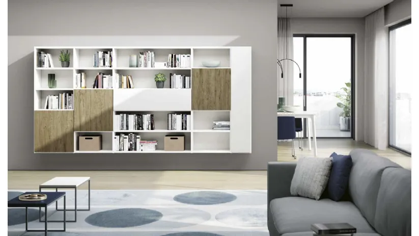 Libreria sospesa Living 845 in laccato Bianco e melaminico Rovere nodato di Spagnol Mobili