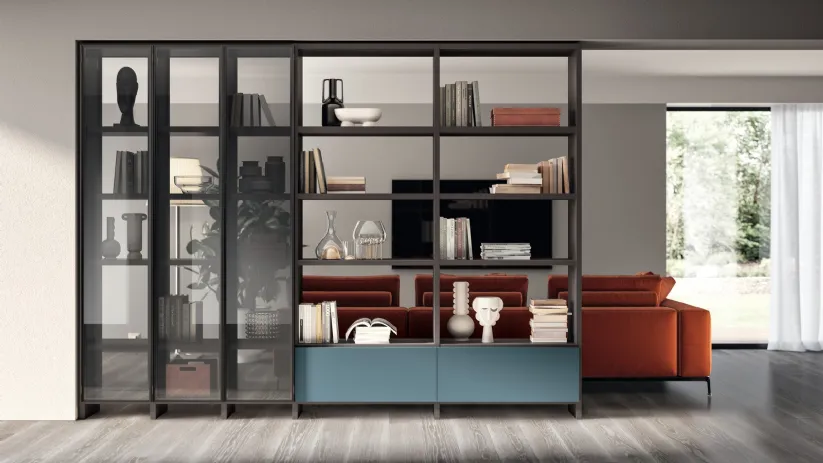 Libreria Living Motus sistema Fluida Grigio Ferro in laccato e alluminio di Scavolini