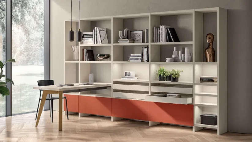 Libreria Living Motus sistema Fluida in laccato opaco di Scavolini