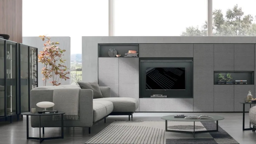 Parete Attrezzata Atlante UNIT AT202 in materico paglia grigio, materico rovere carbone e rovere carbone canettè di Tomasella