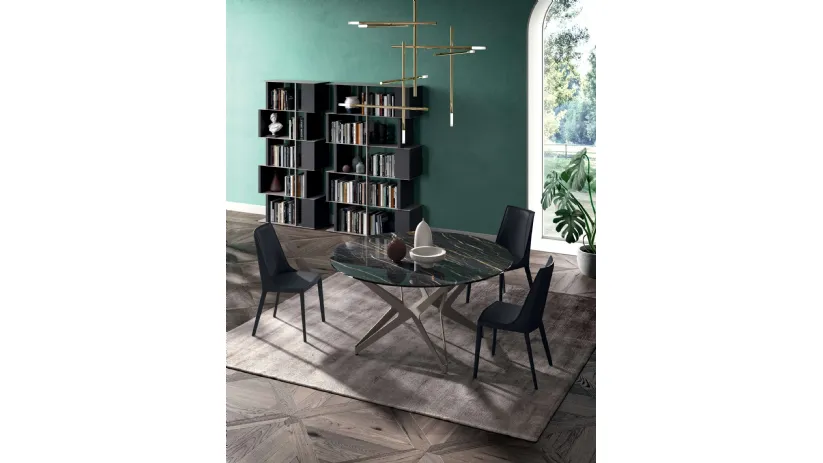 Tavolo Big Round Fisso in Cristallo Ceramica Noir Desir con base in metallo di Ozzio