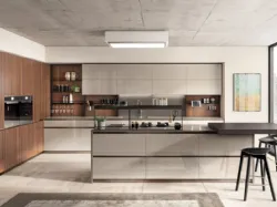 Cucina Moderna Boxi in laccato lucido Visone e Noce Sunset di Scavolini