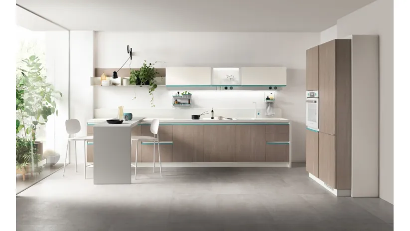 Cucina Moderna Dandy Plus Rovere Gessato con maniglia Blu Agave di Scavolini