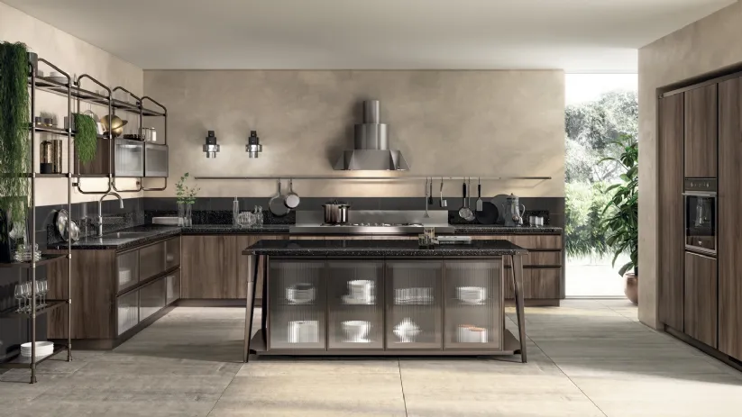 Cucina Moderna angolare con isola Diesel Open Workshop Noce Garden di Scavolini