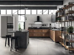 Cucina Moderna angolare con isola Evolution in decorativo Rovere Land e laminato Volcanic Ash di Scavolini