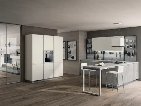 Cucina Moderna angolare con penisola Evolution in decorativo Concrete Medium e laccato Bianco opaco di Scavolini