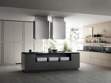 Cucina Moderna Qi in laccato Grigio Titanio, Grigio Chiaro e Olmo Hono di Scavolini