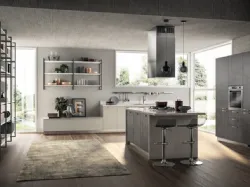 Cucina Moderna con isola Sax in decorativo Concrete Dark e Nebbia di Scavolini