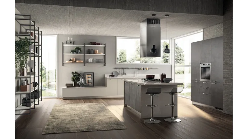 Cucina Moderna con isola Sax in decorativo Concrete Dark e in decorativo Nebbia di Scavolini