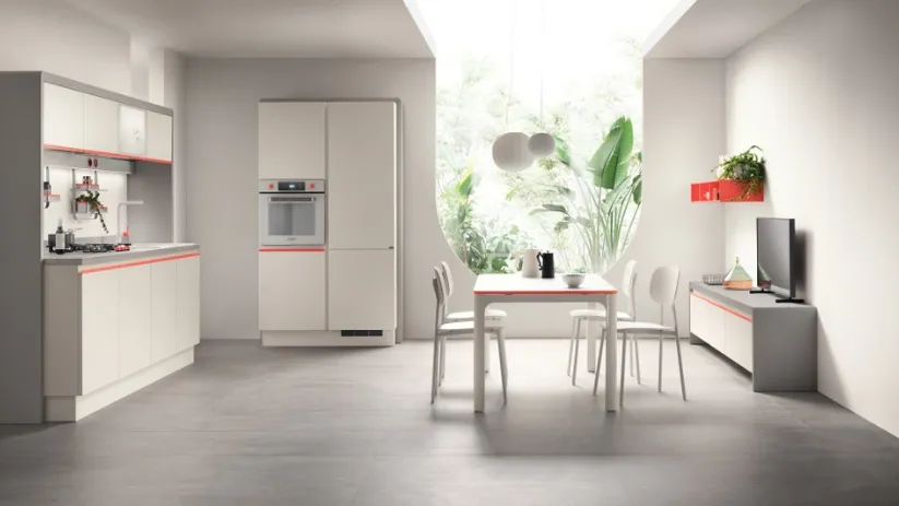 Cucina Moderna Dandy Plus Bianco puro e maniglia Rosso Corallo di Scavolini