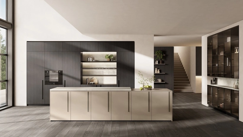 Cucina Moderna con isola Stilo 06 in decorativo, laminato e vetro di Scavolini