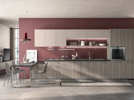 Cucina Moderna lineare con penisola Urban & Urban in decorativo Eucalipto Taj e decorativo Sabbia Easy di Scavolini