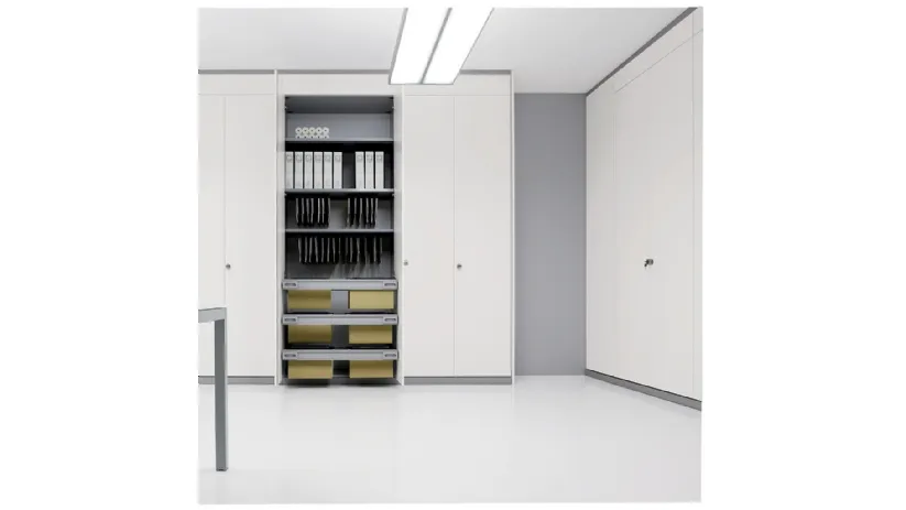 Parete divisoria attrezzata in melaminico con ripiani e profili in alluminio Siderplan S di MobilOfficeFurniture